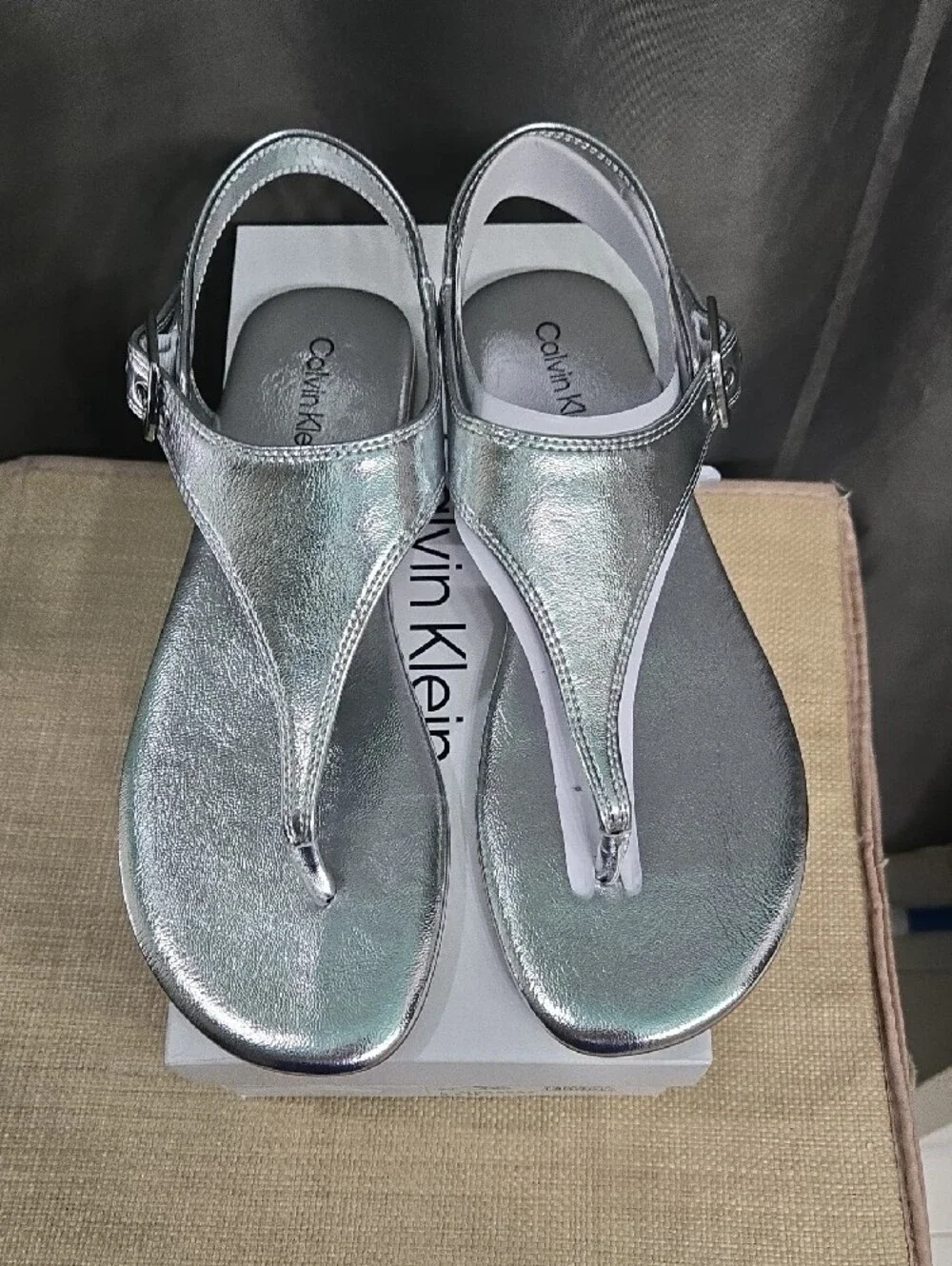Calvin Klein Metallic Silver Thong Slingback Sandals